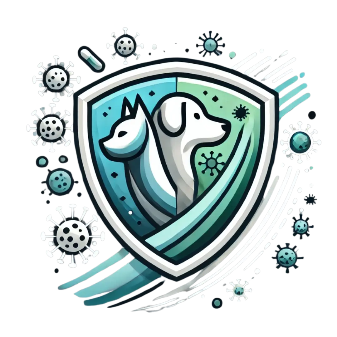 Symbolgrafik: Zwei Hunde im Schutzschild, umgeben von Viren – Darstellung von Gesundheitsschutz und Immunabwehr bei Hunden.