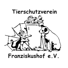 Logo des Tierschutzvereins Franziskushof e.V.: Zeichnung einer Katze vor einer Mülltonne und einem Hund mit Krücke, darüber der Vereinsname.