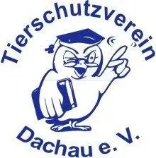 Logo des Tierschutzvereins Dachau e.V.: Eine gezeichnete, schlaue Eule mit Doktorhut und Buch, erhobener Zeigefinger – Symbol für Wissen und Engagement im Tierschutz.